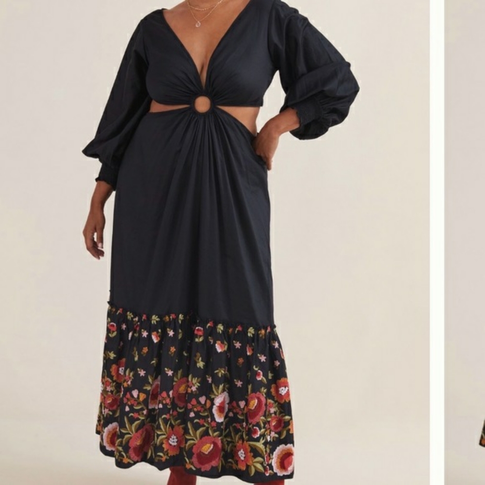 NWT Anthropologie Karolina Embroidered Black Cut-Out Maxi Dress Size 18W